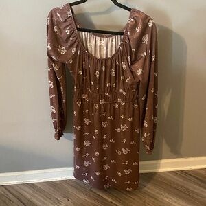 SO Brown Floral Long-Sleeve Scoop Neck Dress 👗 Large NEW with tag